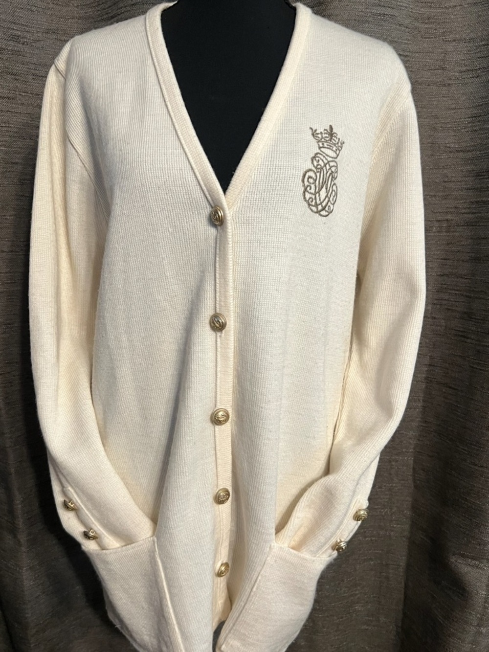 Cream V-Neck Button-Front Cardigan with Embroidered Crest